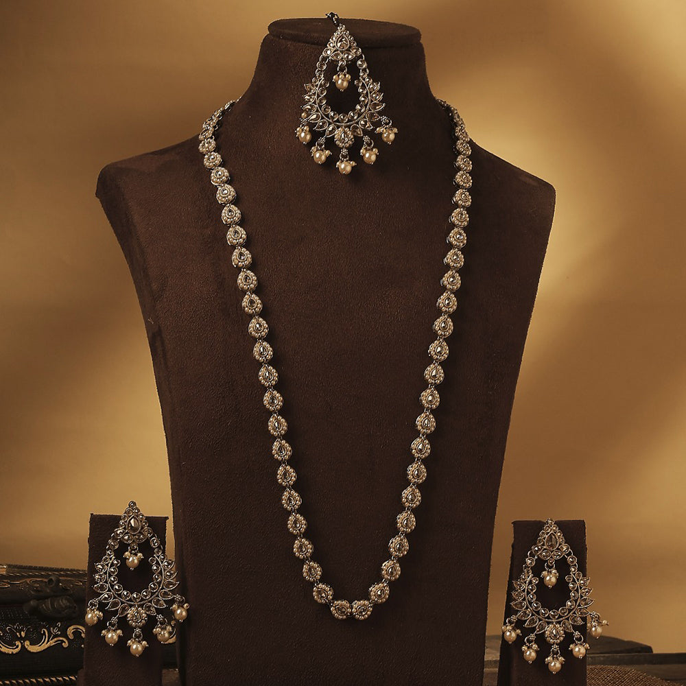 Saloni Fashion Jewellery Marvellous Paisley and Oval Shape Gold Plated Brown Kundan Stone Long Haram Necklace Set With Maang Tikka For Women and Girls