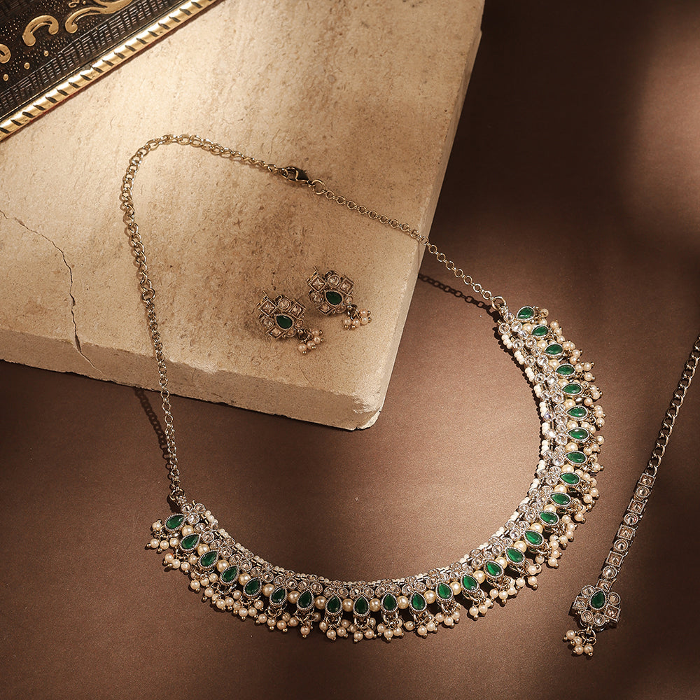 Saloni Fashion Jewellery Lavish Pear Shape Pearl Guchha Antique Gold Plated Blue Uncut Kundan Stone Choker Necklace Set With Maangtikka For Women and Girls