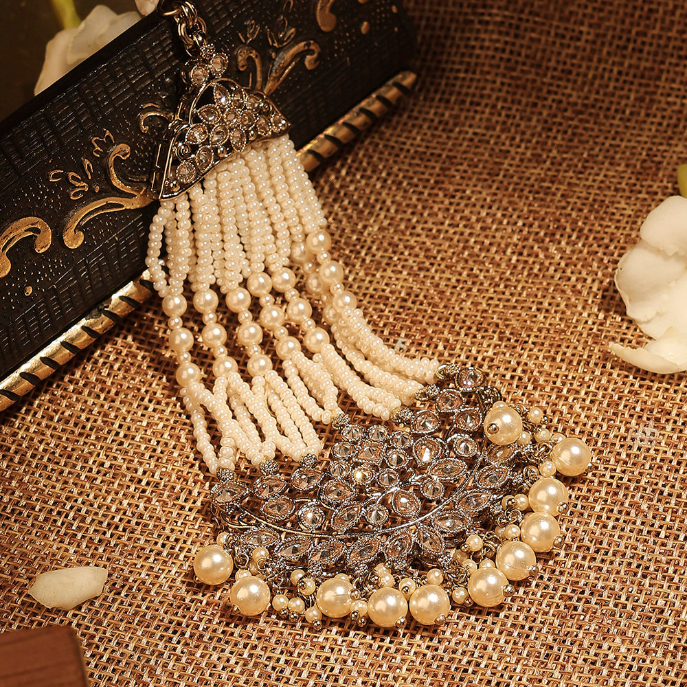 Saloni Fashion Jewellery Lovely Flower and Oval Shape Gold Plated Lariat Pearl Brown Kundan Stone Passa/Matha Patti For Women and Girls