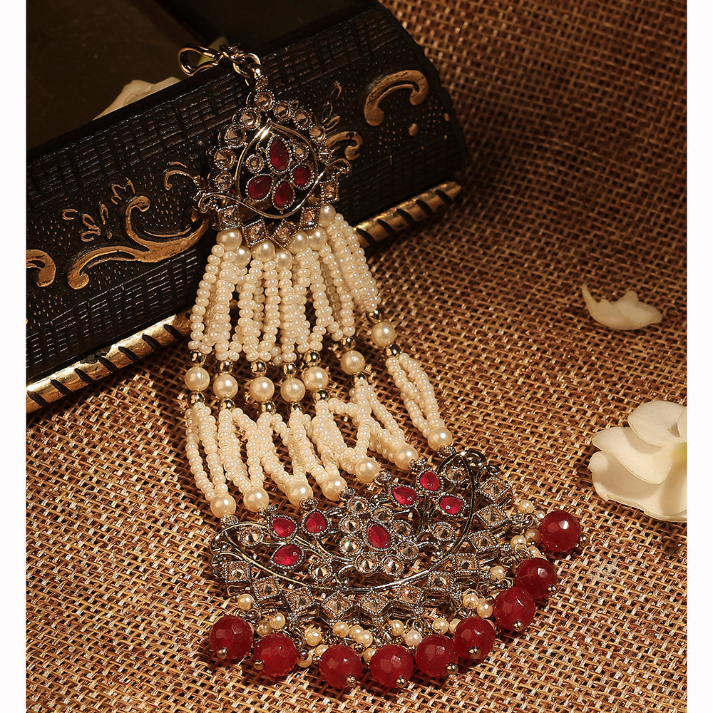 Saloni Fashion Jewellery Pretty Flower and Leaf Design Gold Plated Lariat Pearl Ruby Kundan Stone Passa/Matha Patti For Women and Girls