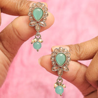 Saloni Fashion Jewellery Ethnic Oval and Leaf Design Gold Plated Green Kundan Stone Dangle Earring For Women and Girls