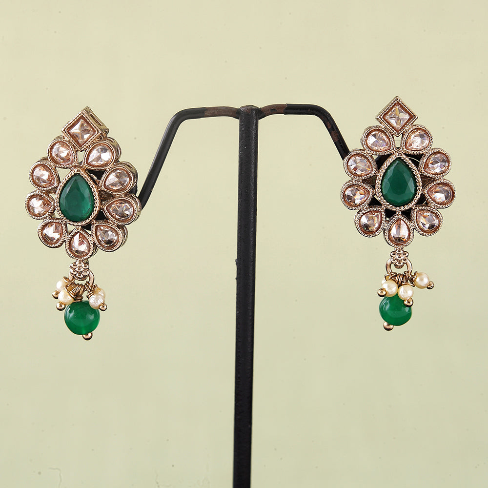 Saloni Fashion Jewellery Lovely Oval Shape Green Uncut Kundan Stone Antique Gold Plated Jhumki Earring For Women and Girls