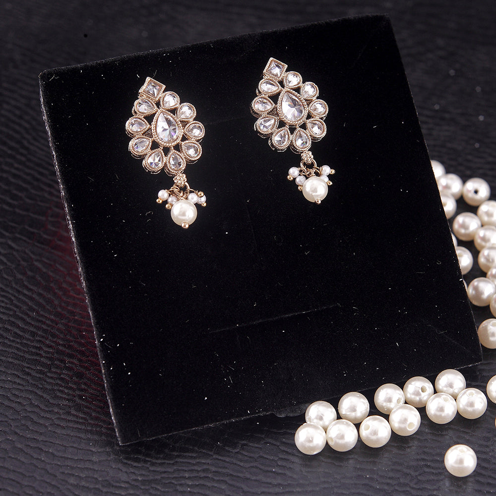 Saloni Fashion Jewellery Luxurious Oval Shape White Uncut Kundan Stone Antique Gold Plated Jhumki Earring For Women and Girls