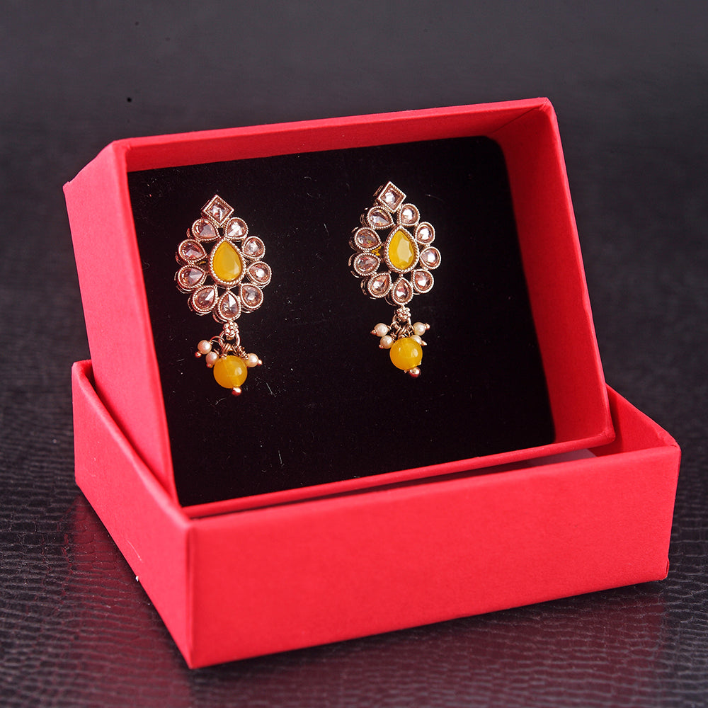 Saloni Fashion Jewellery Marvellous Oval Shape Yellow Uncut Kundan Stone Antique Gold Plated Jhumki Earring For Women and Girls