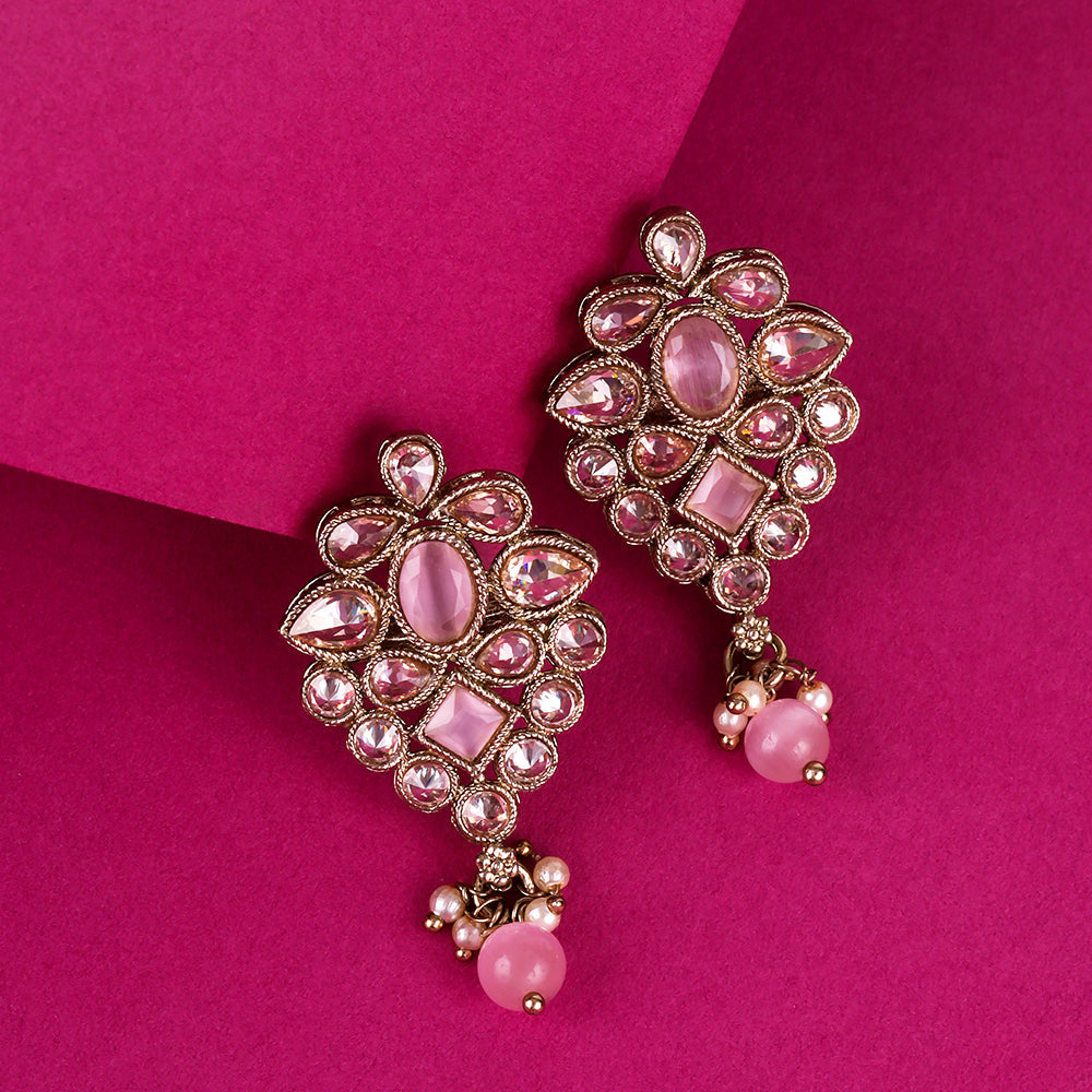 Saloni Fashion Jewellery Graceful Flower Design Pink Uncut Kundan Stone Mother of Pearl Antique Gold Plated Dangle Earring For Women and Girls