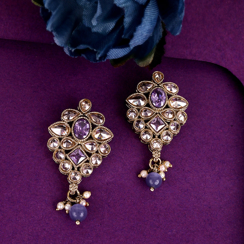 Saloni Fashion Jewellery Marvellous Flower Design Purple Uncut Kundan Stone Mother of Pearl Antique Gold Plated Dangle Earring For Women and Girls