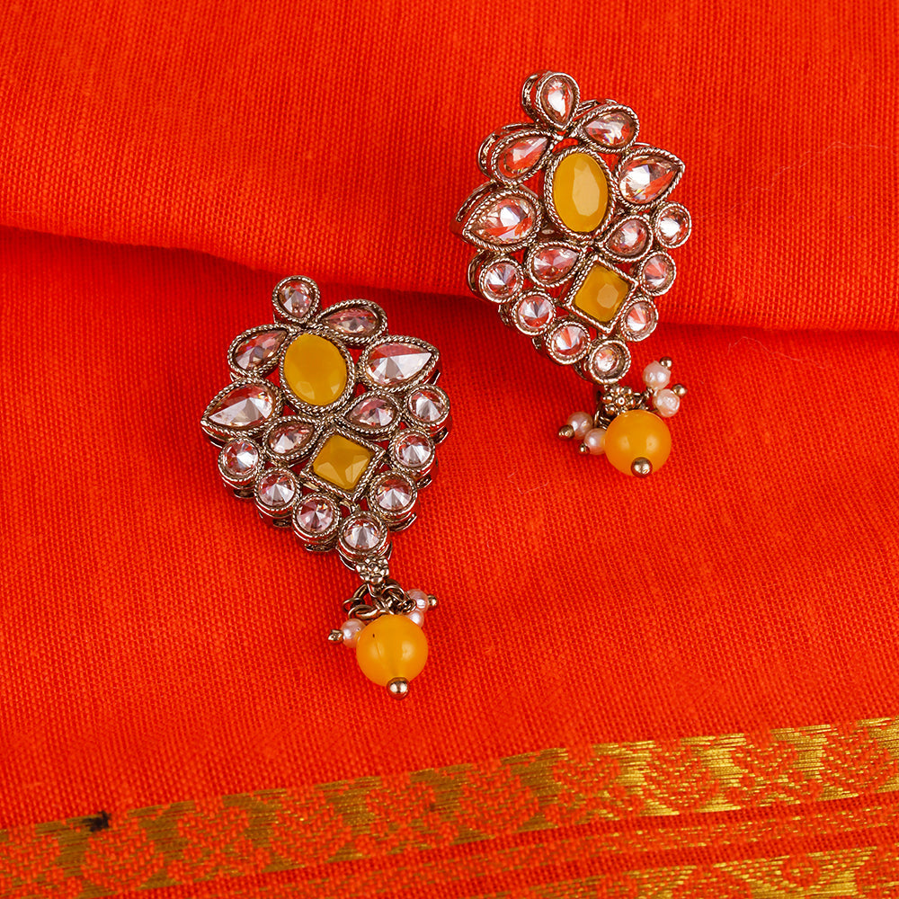 Saloni Fashion Jewellery Modish Flower Design Yellow Uncut Kundan Stone Mother of Pearl Antique Gold Plated Dangle Earring For Women and Girls