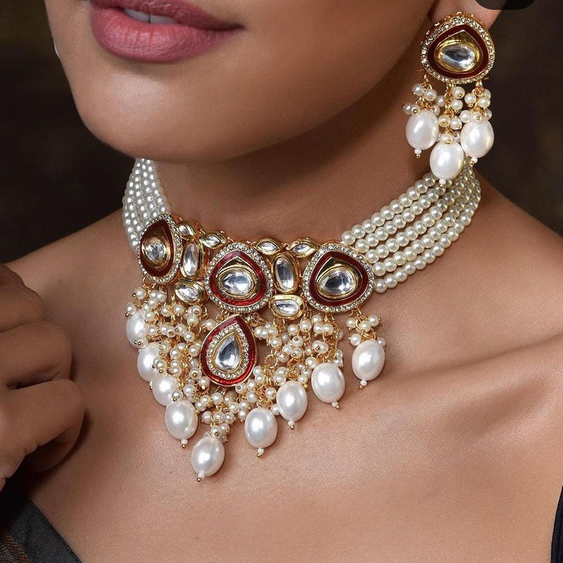 FS Collection Gold Plated Kundan And Pearl Choker Necklace Set