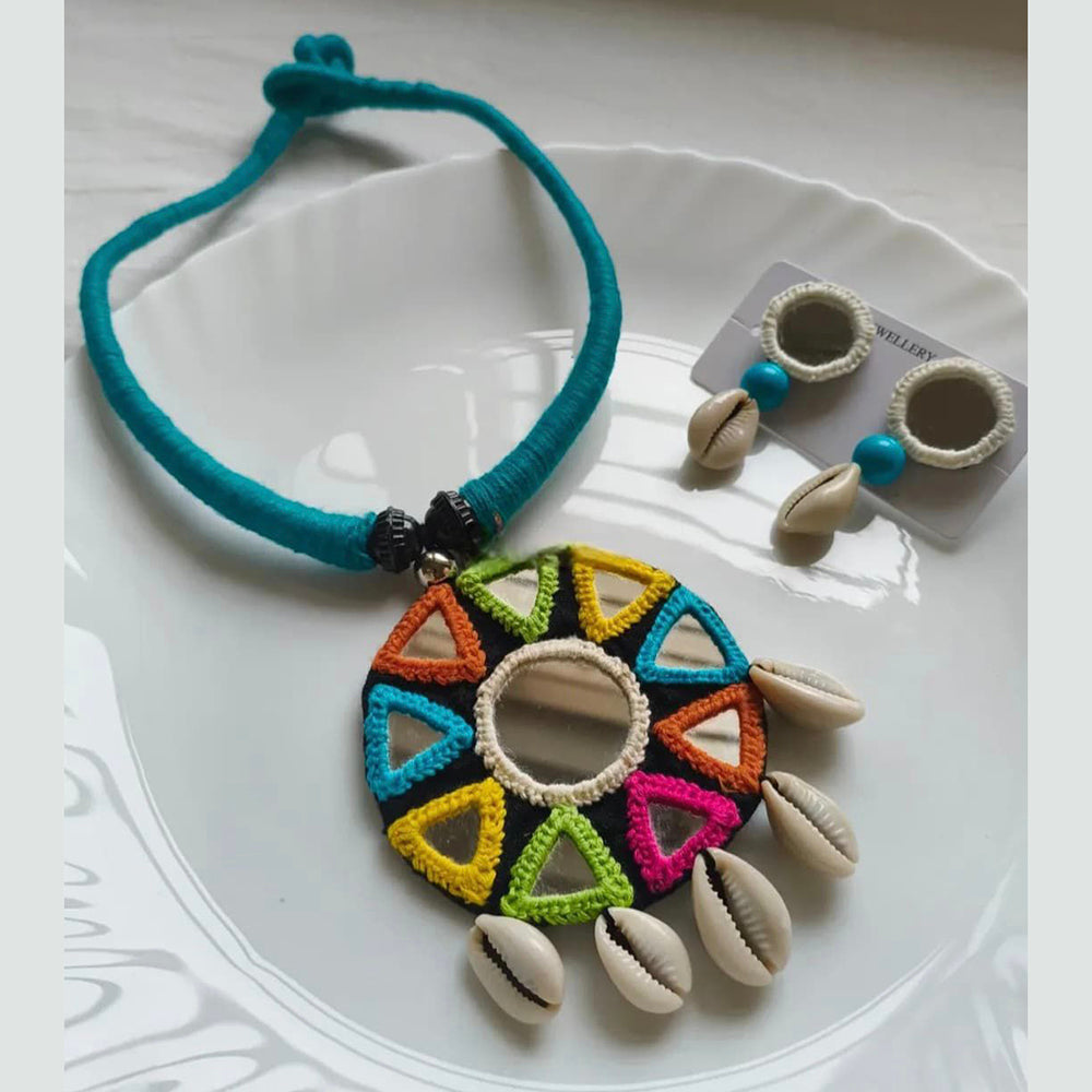 Handmade For Her  Mirror Work Tribal Necklace Set with Cowrie Shells & Earrings | Boho Handmade Jewelry