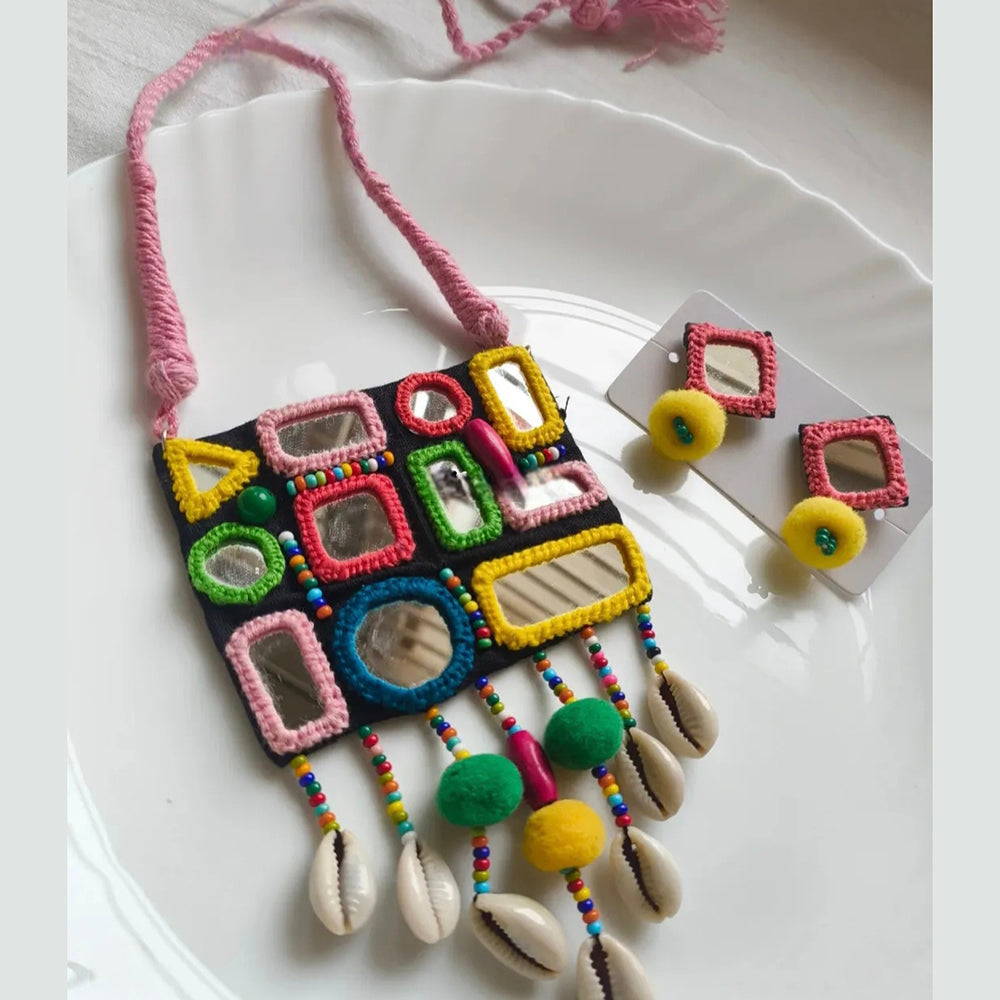 Handmade For Her  Navratri Mirror Work Necklace Set with Cowrie Shells & Pom-Poms | Handmade Boho Garba Jewelry