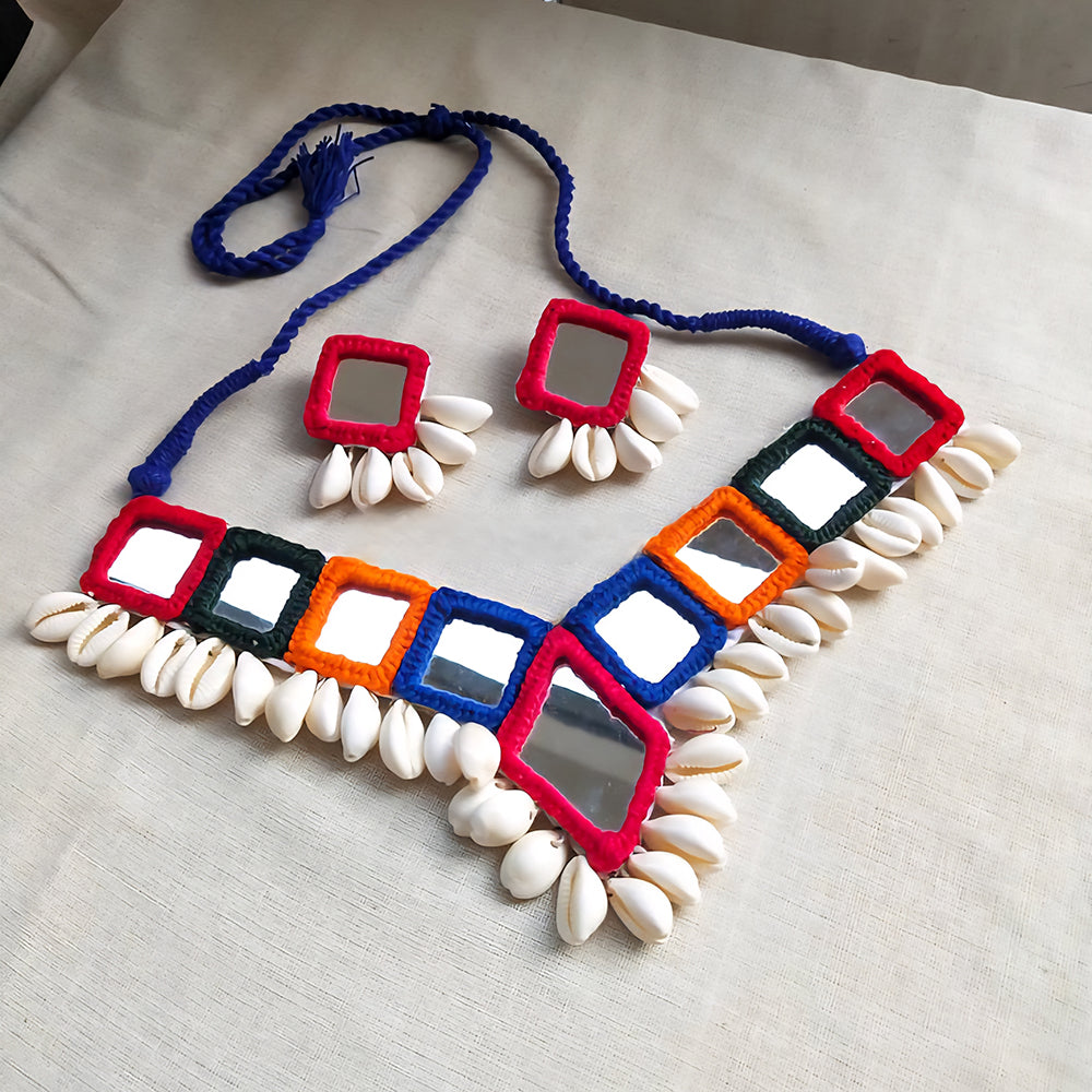 Multicolor Mirror Work Choker Necklace Set with Cowrie Shells – Navratri Special