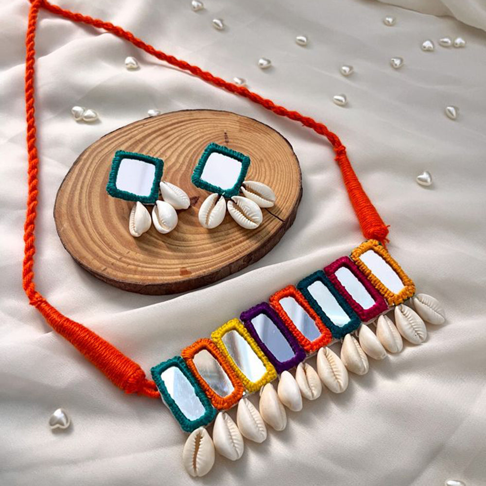 Handcrafted Mirror & Cowrie Shell Choker Set | Multicolor Thread Work | Navratri Special by Bajana Lifestyle