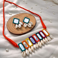 Handcrafted Mirror & Cowrie Shell Choker Set | Multicolor Thread Work | Navratri Special by Handmade For Her 