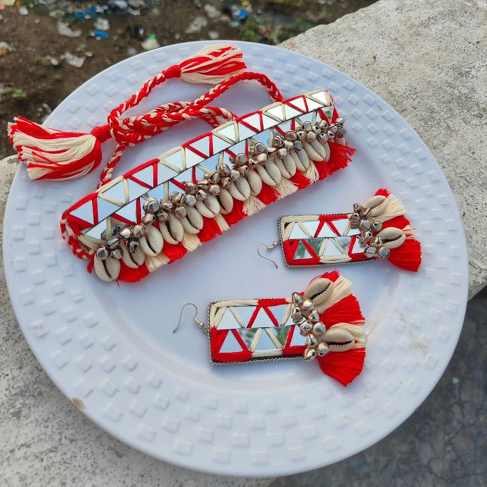 Multicolor Mirror Work Choker with Cowrie Shells & Tassels – Navratri Special by Bajana Lifestyle