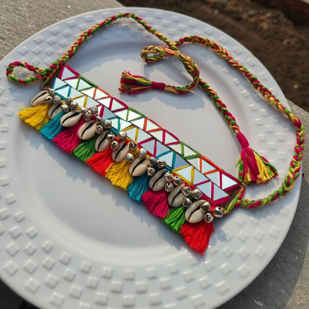 Multicolor Mirror Work Choker with Cowrie Shells & Tassels – Navratri Special by Bajana Lifestyle