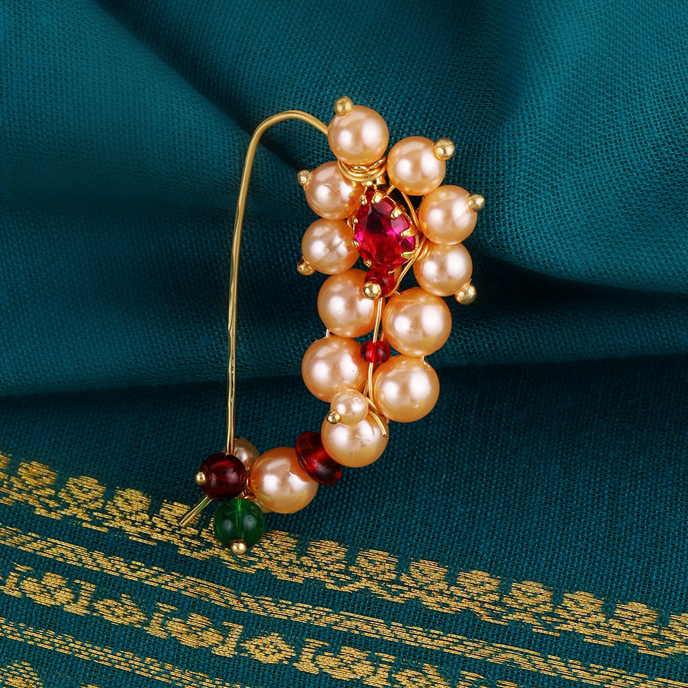 Saloni Fashion Jewellery Traditional Brilliant Oval Shape Gold Plated Combo Set of 2 Maharashtrian Nosepin / Nath Without Piercing For Women and Girls