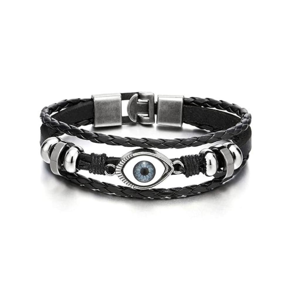 Asmitta Evil Eye Leather Braided Wrap Multi Layer Black Band Openable Bracelet for Men & Boys