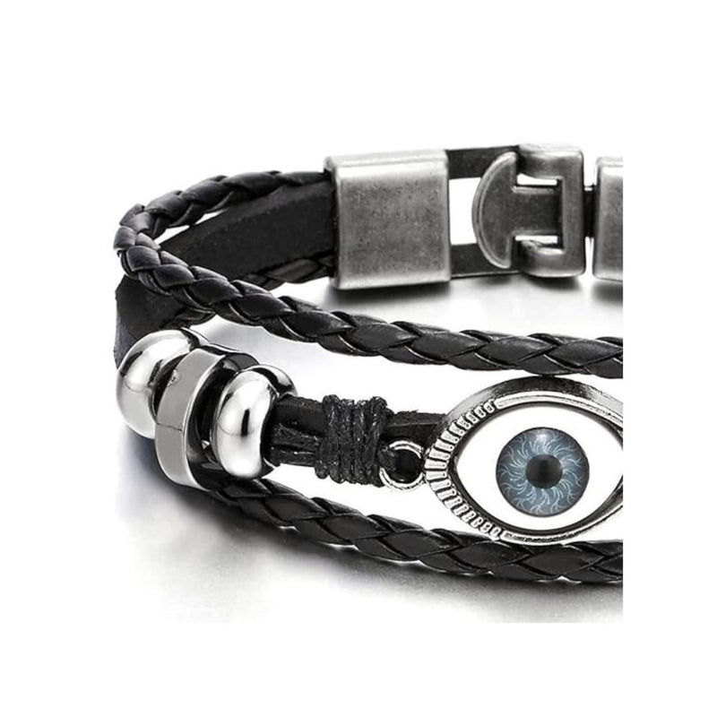 Asmitta Evil Eye Leather Braided Wrap Multi Layer Black Band Openable Bracelet for Men & Boys