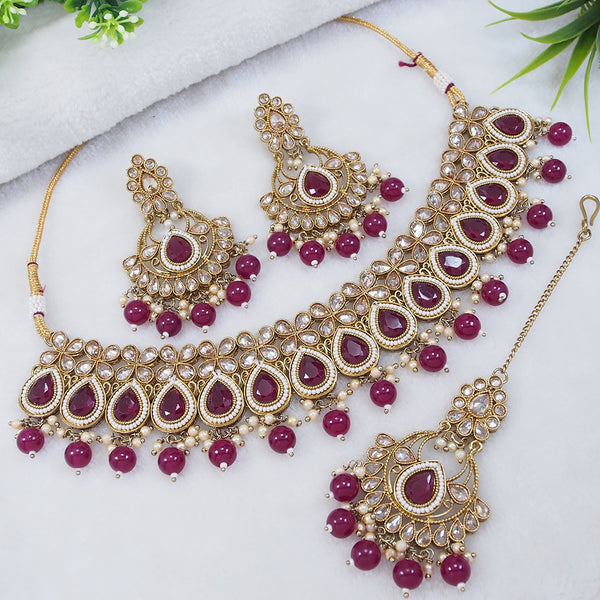 LALSO Designer Mehendi Gold plated AD/Zircon Work Necklace Jewelry Set With Maangtika