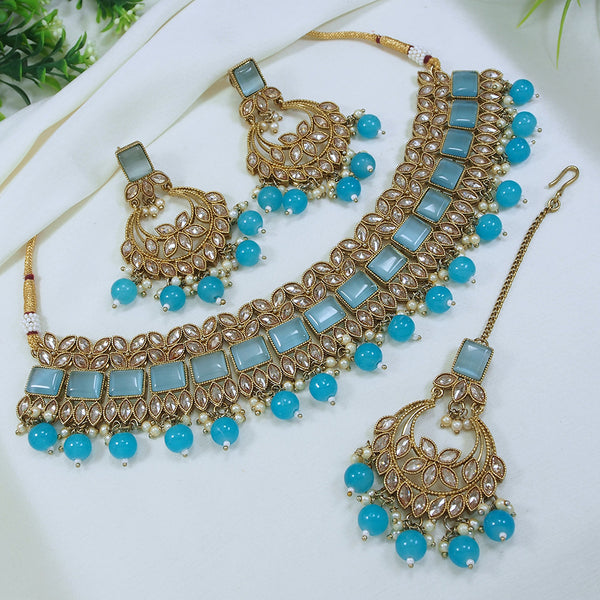 LALSO Stunning Mehendi Gold plated AD/Zircon Work Necklace Jewelry Set With Maangtika