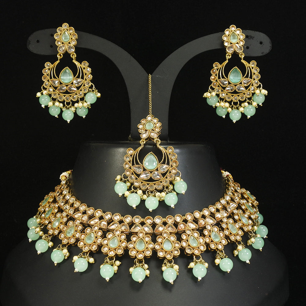 LALSO Stunning Mehendi Gold plated AD/Zircon Work Necklace Jewelry Set With Maangtika