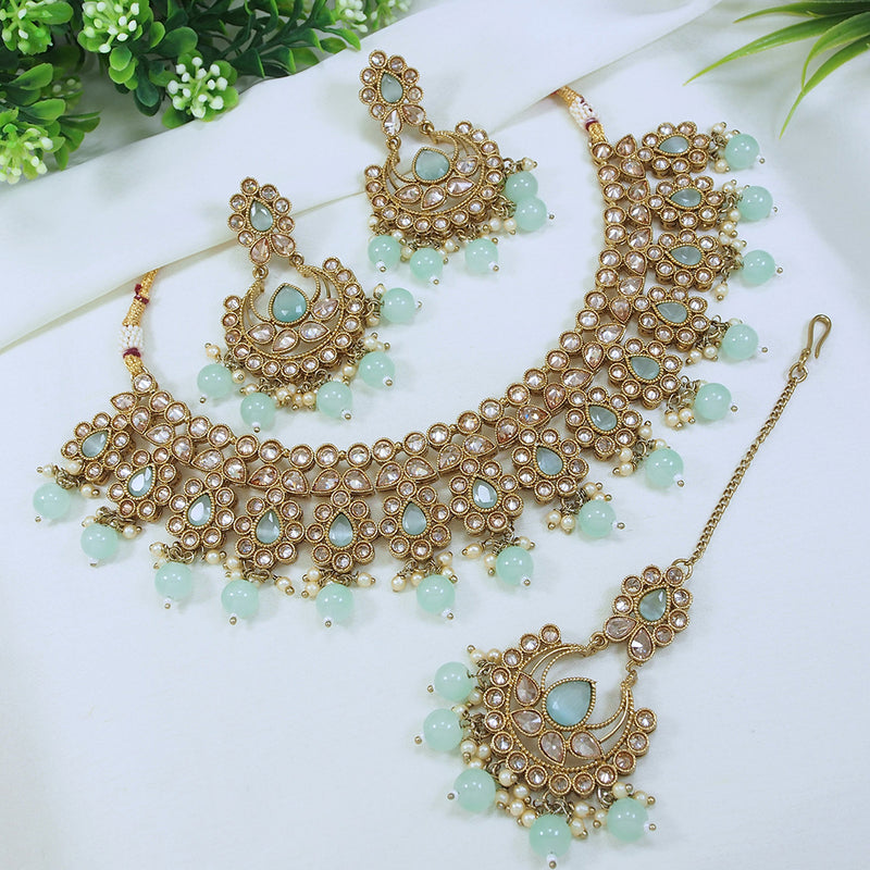 LALSO Stunning Mehendi Gold plated AD/Zircon Work Necklace Jewelry Set With Maangtika