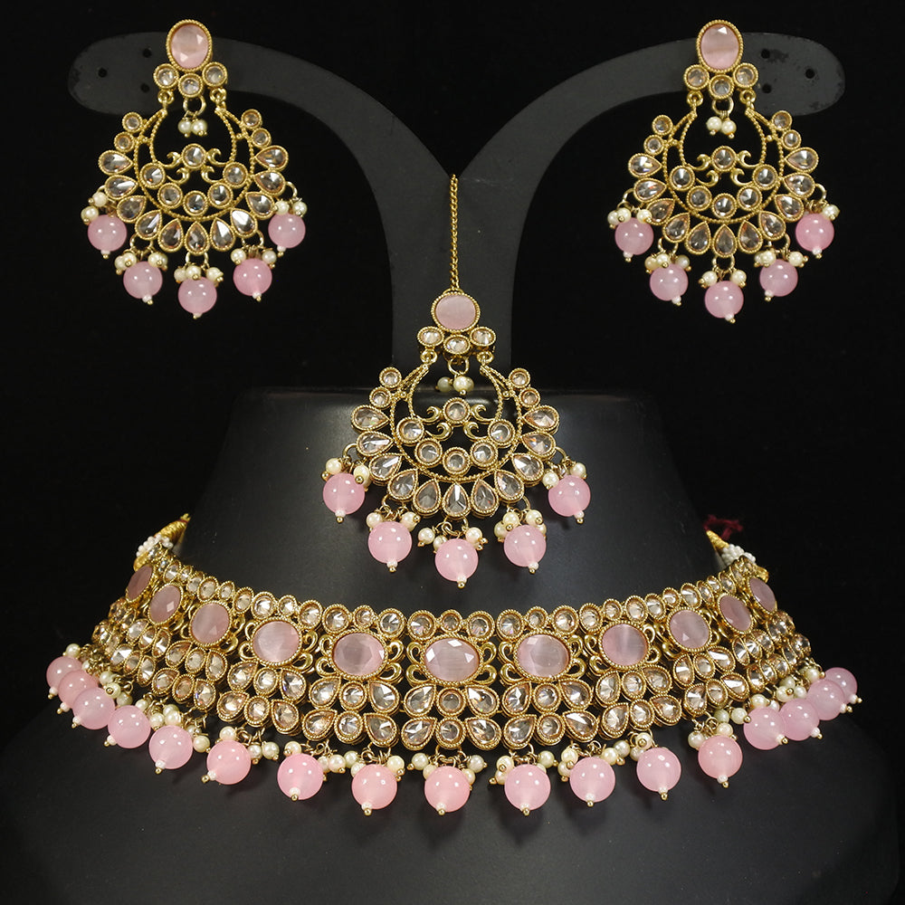LALSO Stunning Mehendi Gold plated AD/Zircon Work Necklace Jewelry Set With Maangtika