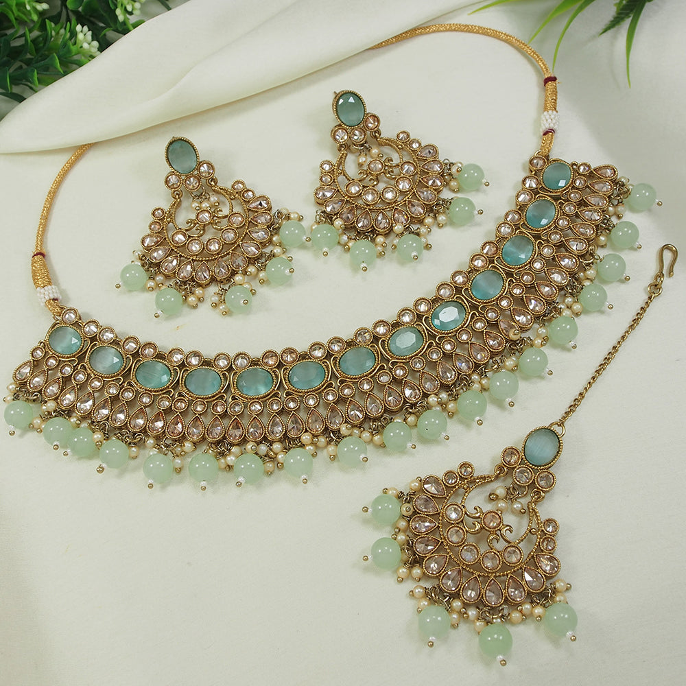 LALSO Stunning Mehendi Gold plated AD/Zircon Work Necklace Jewelry Set With Maangtika