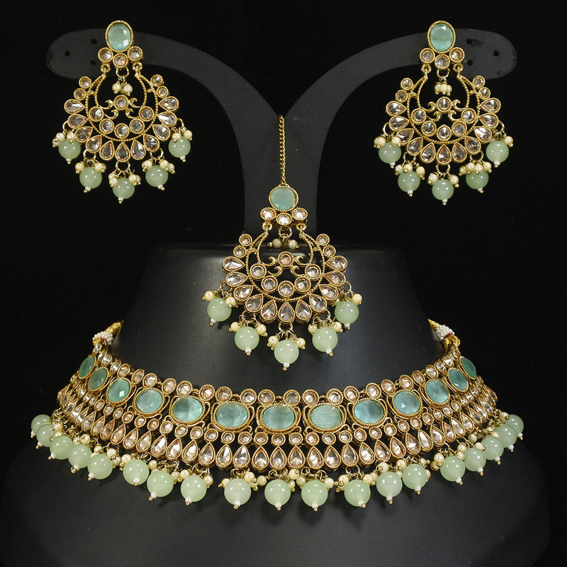 LALSO Stunning Mehendi Gold plated AD/Zircon Work Necklace Jewelry Set With Maangtika