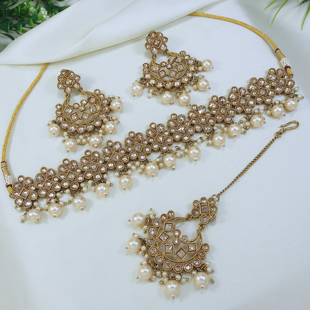 LALSO Designer LCT Mehendi Gold plated AD/Zircon Work Necklace Jewelry Set With Maangtika