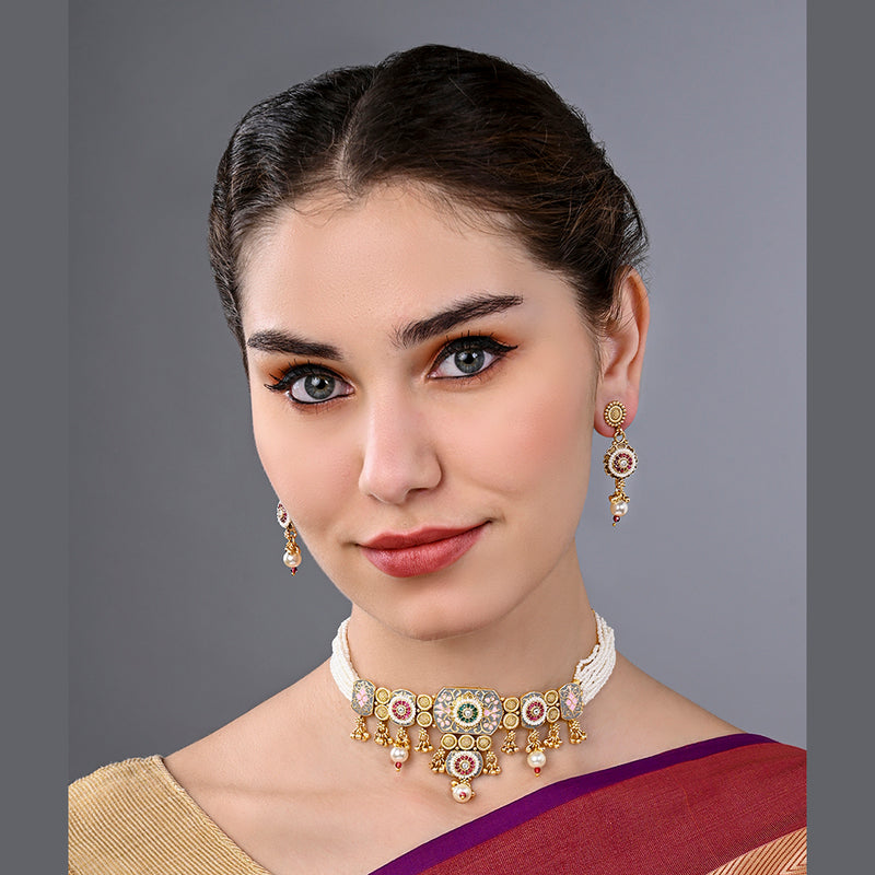 Asmitta Gold Plated Meenakari Choker Necklace Set