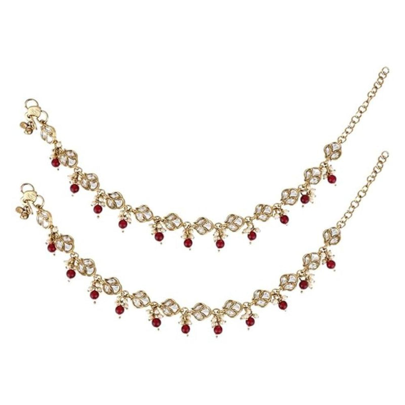 Etnico Traditional Gold Plated Adjustable Kundan Pearl Payal Anklets Jewellery for Women (Maroon)