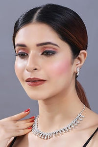 Etnico Silver Plated Cubic Zirconia American Diamond Necklace & Earrings Jewellery Set for Women