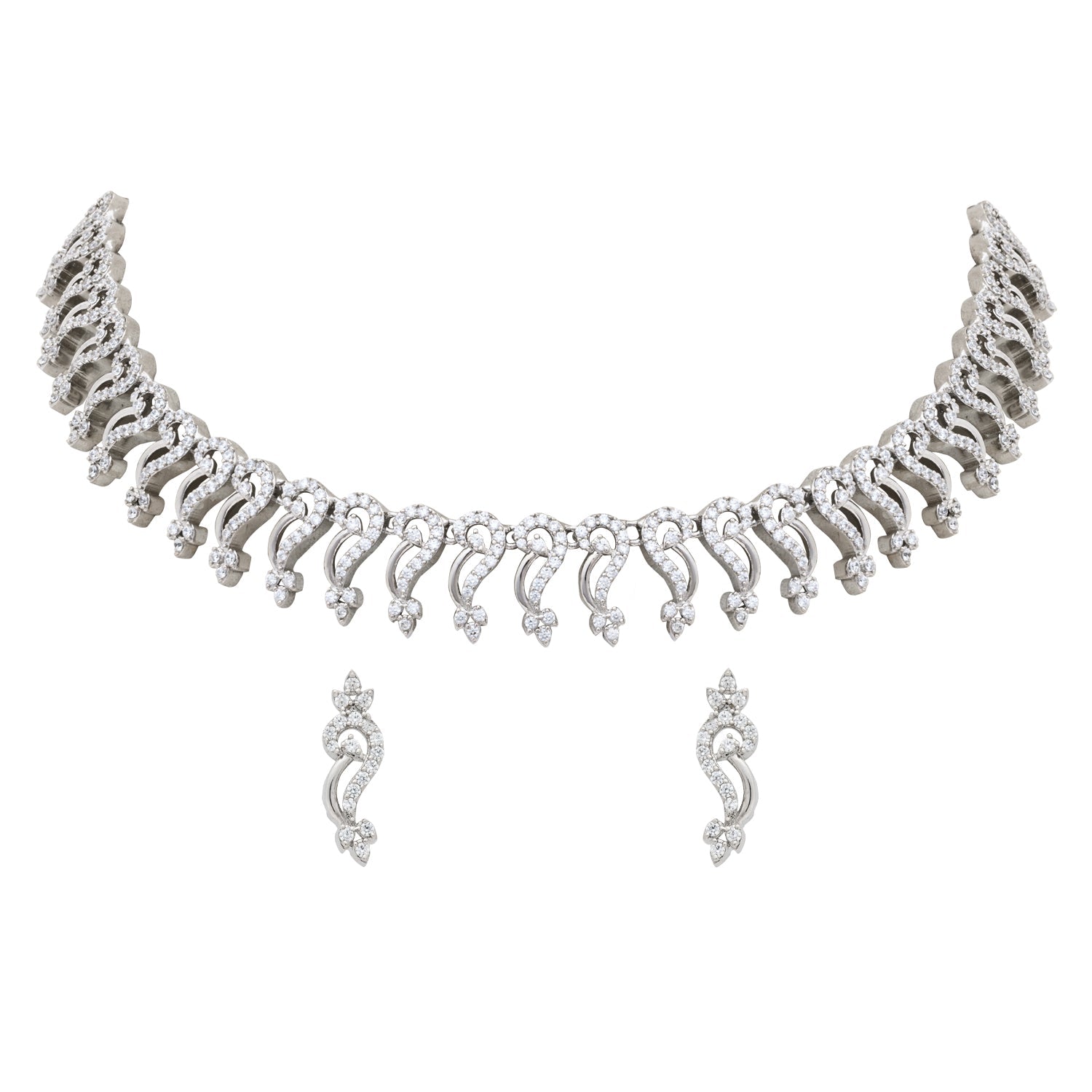 Etnico Silver Plated Cubic Zirconia American Diamond Necklace & Earrings Jewellery Set for Women