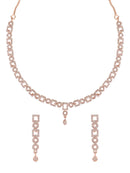 Etnico Rose Gold Plated Cubic Zirconia American Diamond CZ Special Chain Necklace With Earrings Set for Women