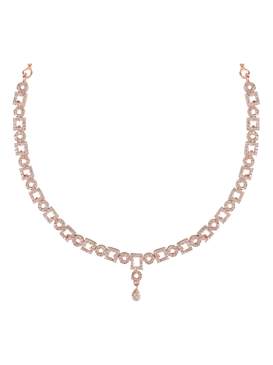 Etnico Rose Gold Plated Cubic Zirconia American Diamond CZ Special Chain Necklace With Earrings Set for Women