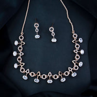 Etnico Rose Gold Plated Cubic Zirconia American Diamond CZ Special Chain Necklace With Earrings Set for Women