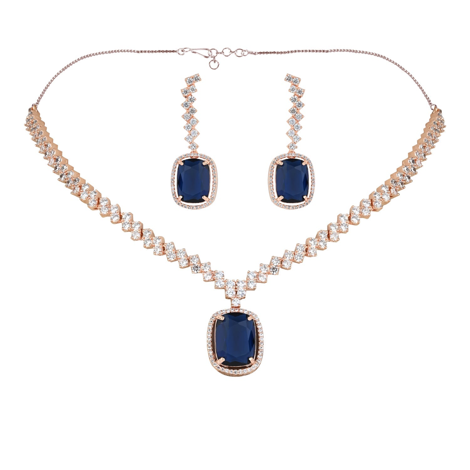 Etnico Rose Gold Plated Cubic Zirconia American Diamond Special Necklace With Drop Earrings Jewellery Set for Women