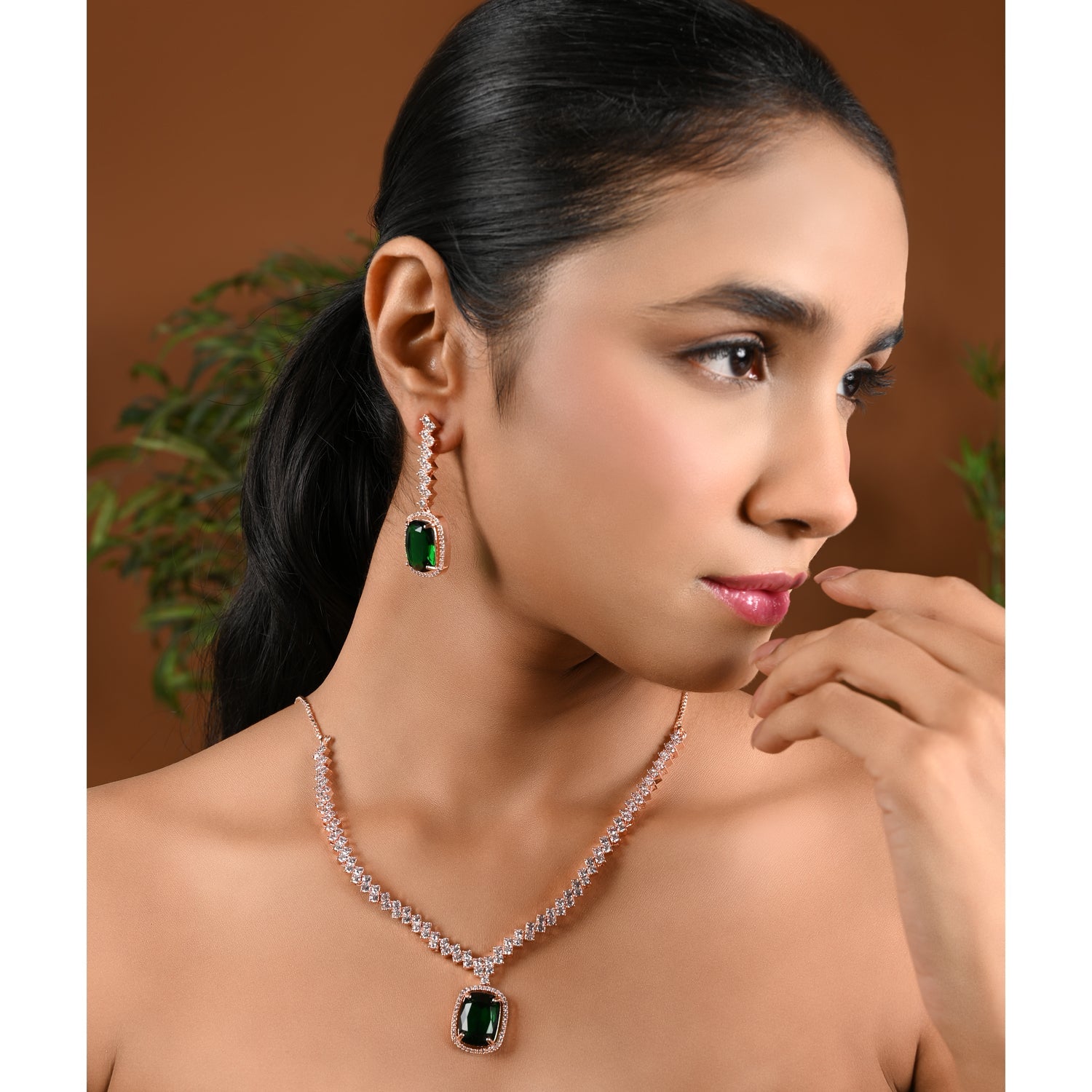 Etnico Womens Rose Gold Plated Cubic Zirconia American Diamond Necklace & Drop Earrings Jewellery Set