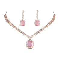 Etnico Rose Gold Plated Cubic Zirconia American Diamond Special Necklace With Drop Earrings Jewellery Set for Women