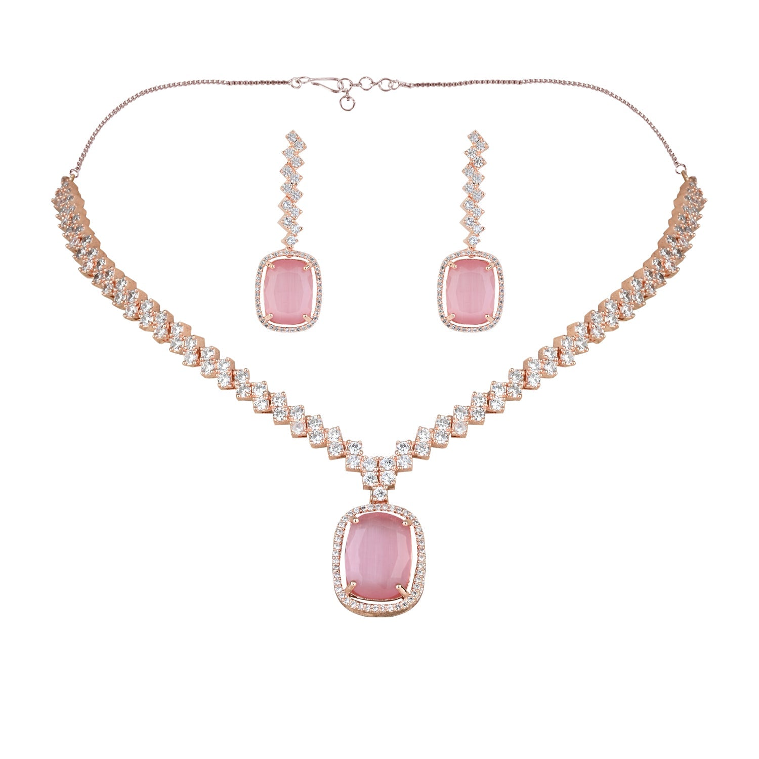 Etnico Rose Gold Plated Cubic Zirconia American Diamond Special Necklace With Drop Earrings Jewellery Set for Women