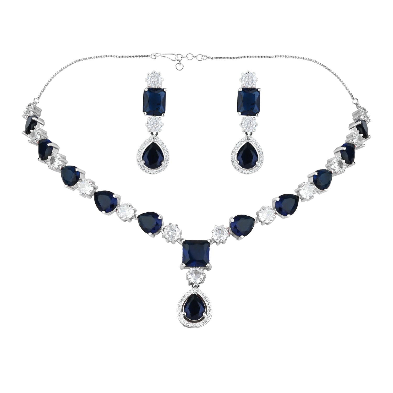 Etnico Silver Plated Cubic Zirconia American Diamond Special Necklace & Drop Earrings Jewellery Set for Women