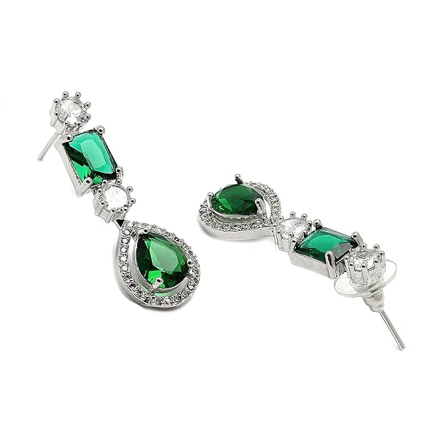 Etnico Silver Plated Cubic Zirconia American Diamond Special Necklace & Drop Earrings Jewellery Set for Women