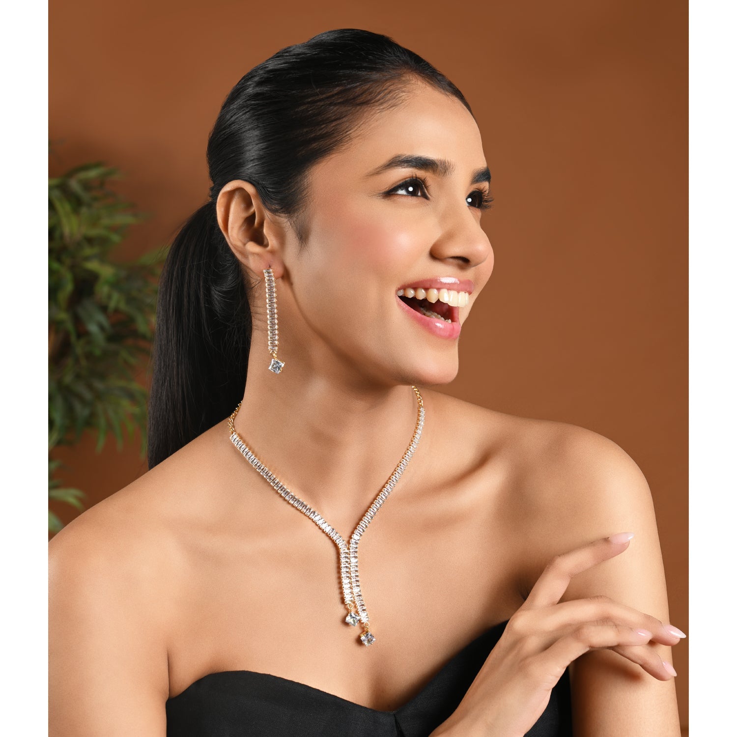 Etnico Gold Plated Cubic Zirconia American Diamond Necklace & Earrings Jewellery Set for Women