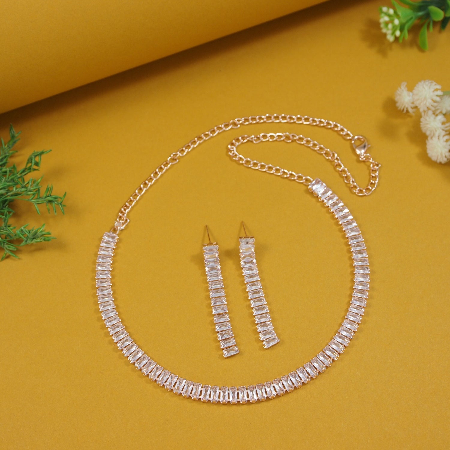 Etnico Rose Gold Plated Cubic Zirconia American Diamond Necklace & Earrings Jewellery Set for Women