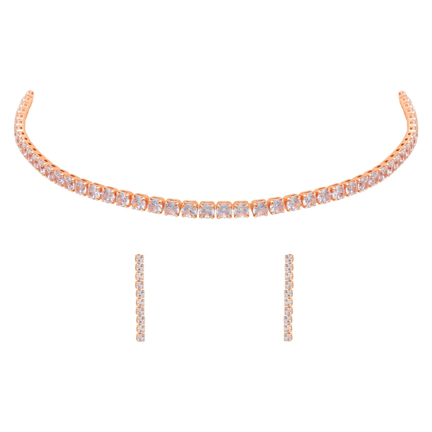 Etnico Rose Gold Plated Cubic Zirconia American Diamond Necklace With Earrings Jewellery Set for Women