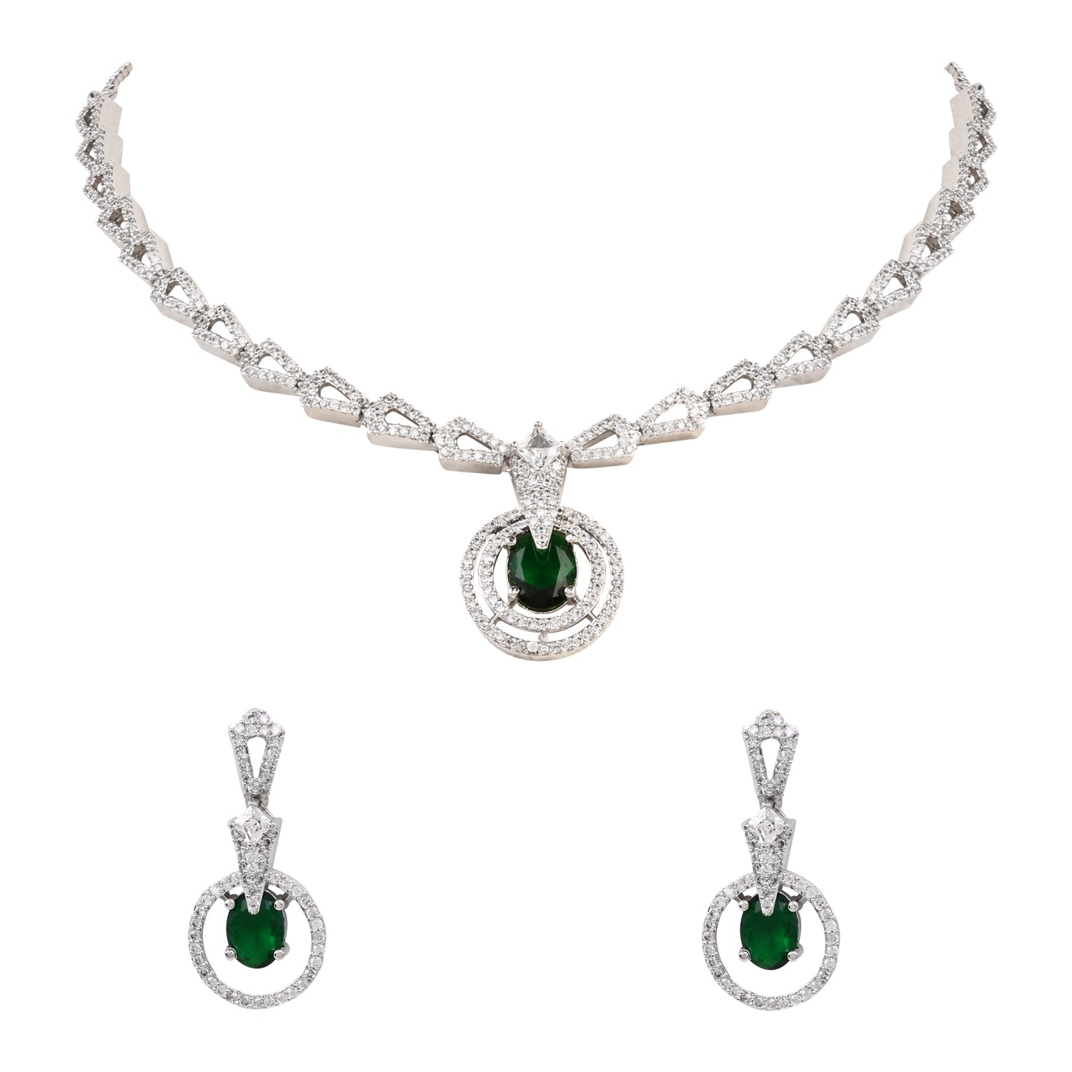 Etnico Silver Plated Cubic Zirconia American Diamond Necklace & Earrings Jewellery Set for Women
