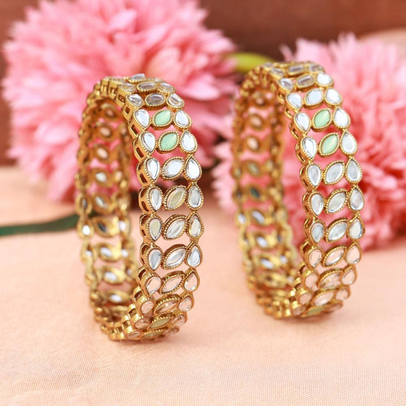 Etnico Gold Plated Plated Light Weight Traditional Kundan Studded Kada Bangles for Women (ADB321Min-a) (Set of 2)