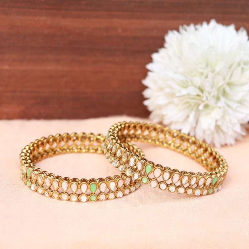 Etnico Gold Plated Plated Light Weight Traditional Kundan Studded Kada Bangles for Women (ADB323Min-a) (Set of 2)