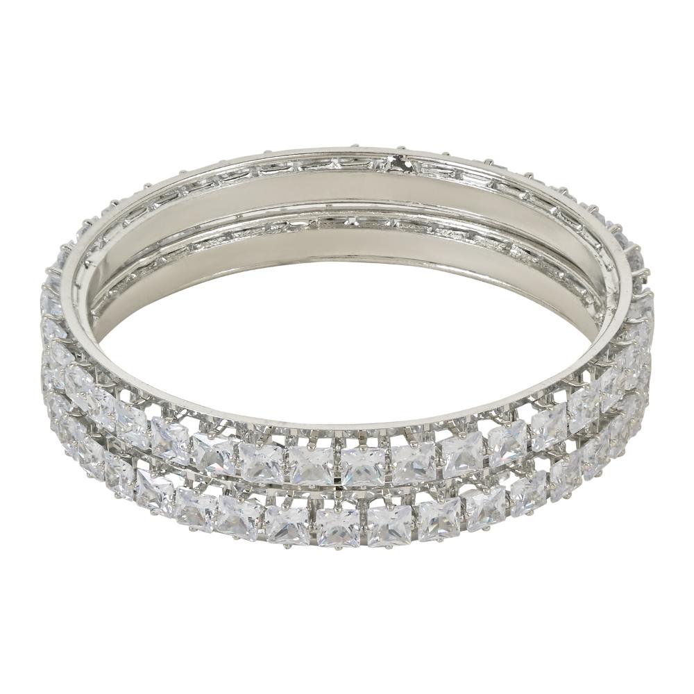 Etnico Silver Plated Thick Brass Bangles Encased With CZ American Diamonds For Women/Girls (ADB458S-2.4)(Set of 2)